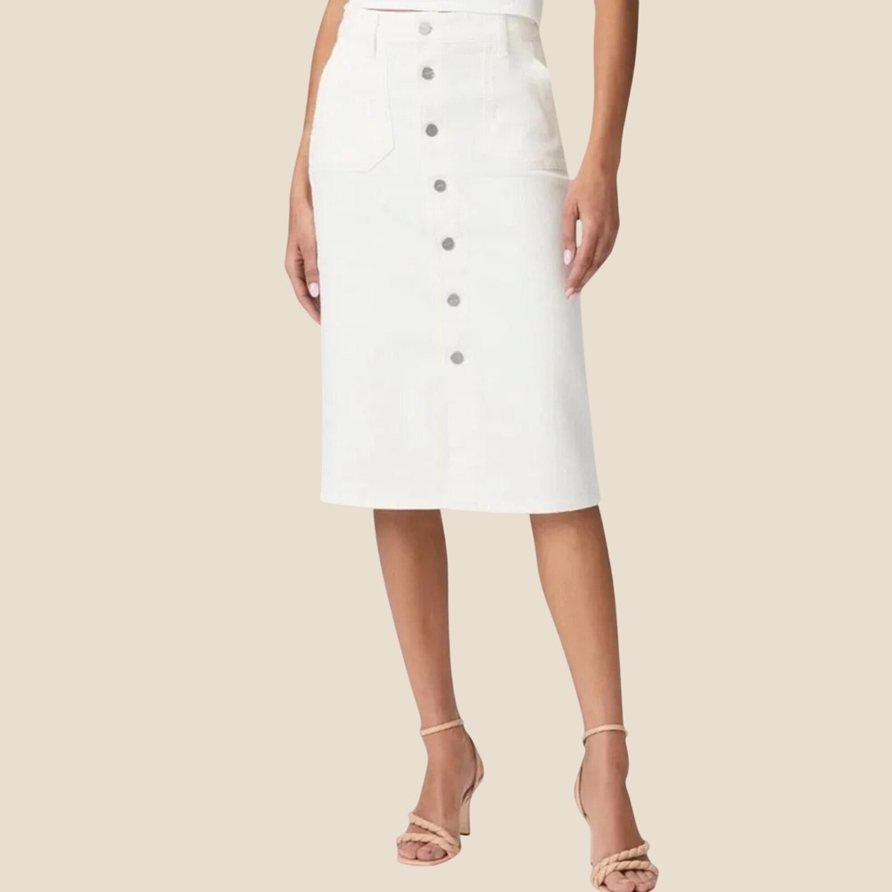 Paige White‎ Denim Meadow Midi Skirt 26 Button Front High Waisted Utility Pocket